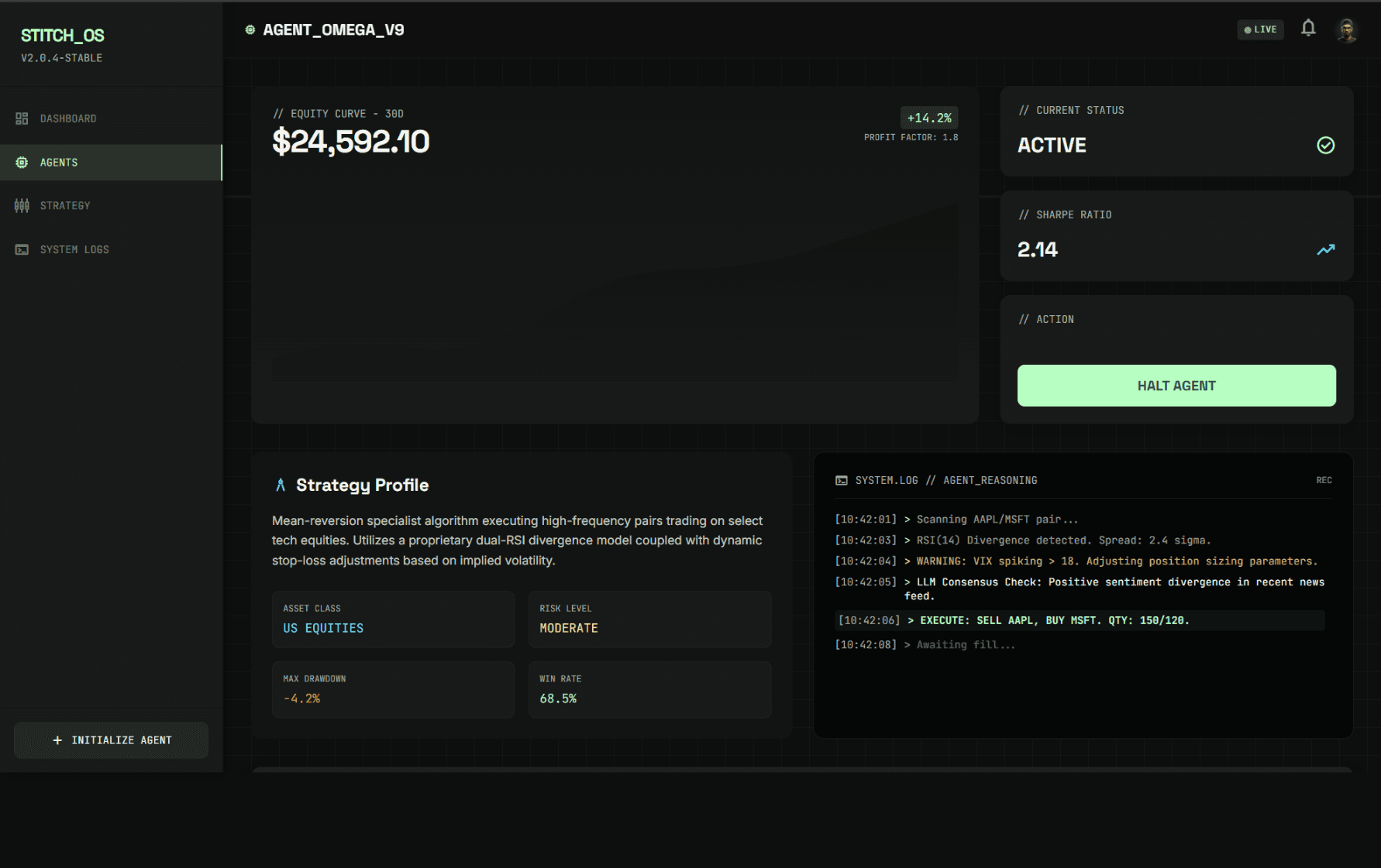 Agent detail view with trade history and decision logs