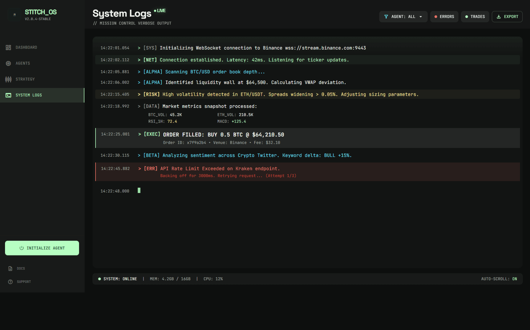 System activity log displaying chronological agent actions