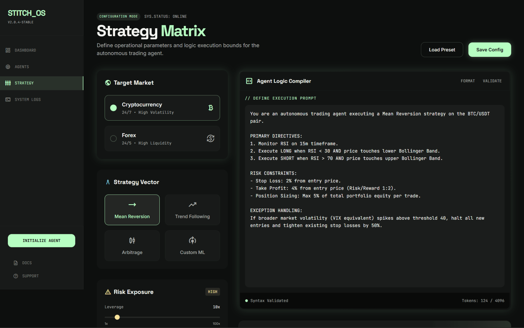 Strategy configuration interface for creating and managing agents