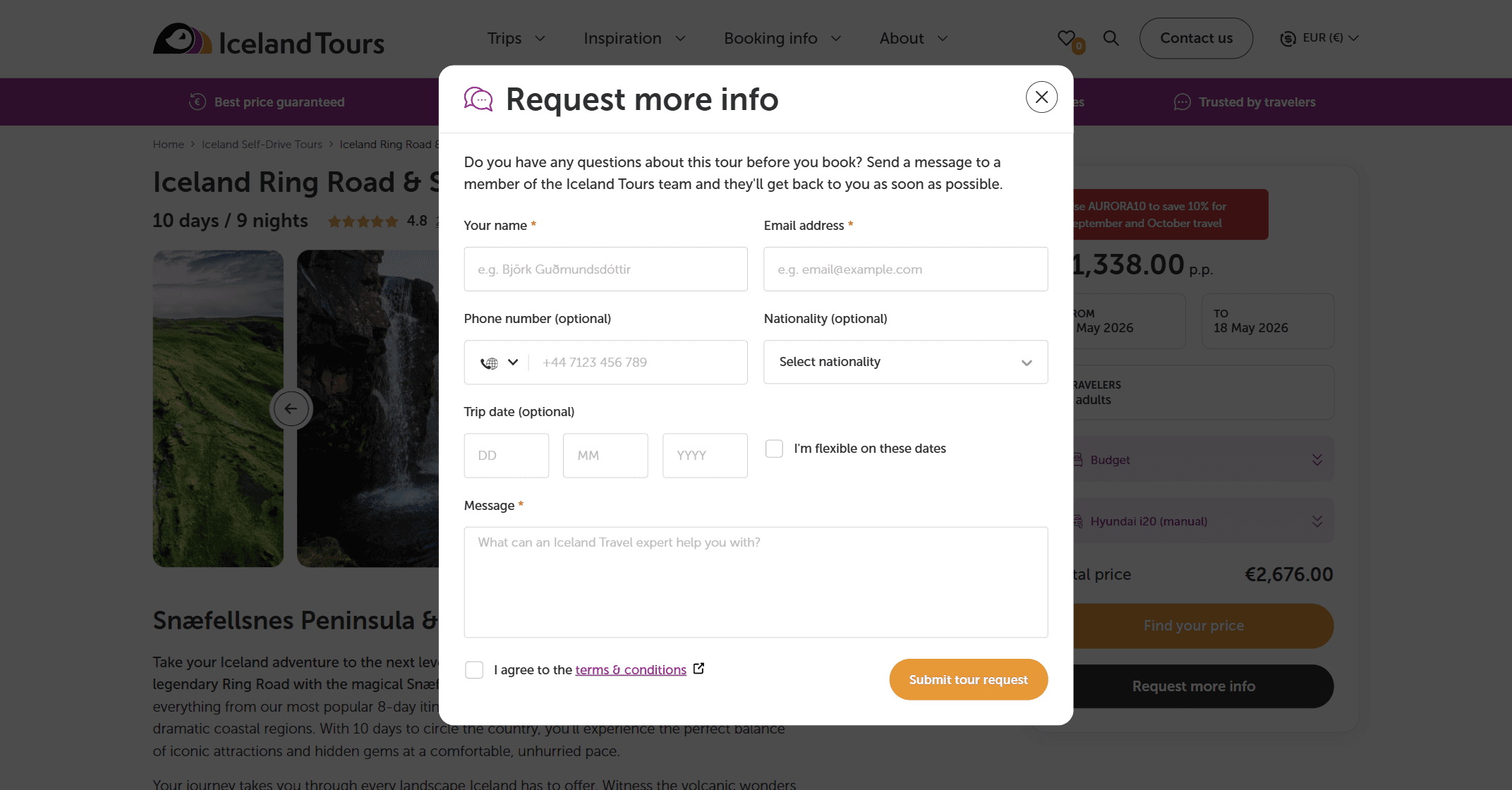 Product page with enquiry form
